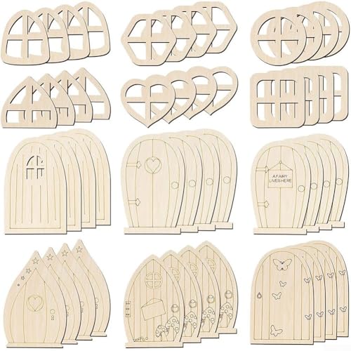 Emiif Feengartentür-Set aus Holz, 48-teilig, Miniatur-Türen und Fenster für personalisierte Projekte (dezente Stile) von Emiif