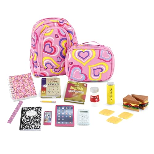 Emily Rose 45,7 cm große Puppe, 18-teiliges Schul-Essentials-Rucksack und Lunch-Spielset, mit lustigem Zubehör, inklusive Pretend Food & Arbeitsrechner, kompatibel mit 45,7 cm großen Puppen von Emily Rose