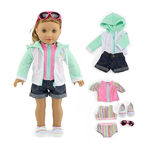 Emily Rose Puppe Clothes | 18-Zoll-Puppe 7 PC Surfer Schwimmbad Anzug Strand-Set, inkl. Sunglasses und 18-in-Puppen-Schuhe! | Kompatibel mit 18" American Girl Puppen von Emily Rose