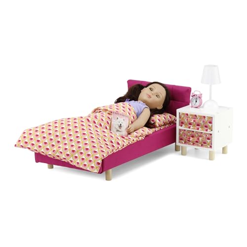 Emily Rose Puppenschlafzimmer-Set, Stoffbett und Nachttisch, 45,7 cm, mit Aufbewahrungsbehältern, Arbeitslampe und Wecker, inklusive Magazin-Zubehör, 35,6–45,7 cm Puppenmöbel von Emily Rose