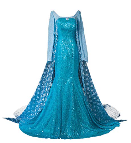 Emin Damen Prinzessin ELSA Kleid Frauen Erwachsene Eiskönigin 2 Kostüm Kleid Weihnachtsfeier Cosplay Halloween Karneval Fasching Party Verkleidung Festlich Kleid Blau Pailletten Abendkleid S-2XL von Emin