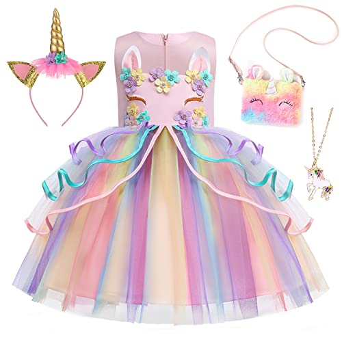 Emin Mädchen Einhorn Prinzessin Kleid Kinder Einhorn Verkleidung Prinzessin Kostüm mit Accessoires Geburtstag Party Kleid Halloween Karneval Bühnen Aufführung Cosplay Kleid von Emin