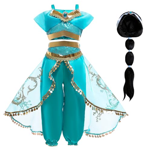 Emin Mädchen Jasmin Prinzessin Kostüm mit Perücke Aladdin Prinzessin Verkleidung Kinder Prinzessin Kleid Weihnachten Geburtstag Party Halloween Karneval Cosplay Verkleiden von Emin