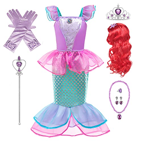 Emin Mädchen Meerjungfrau Kostüm Ariel Prinzessin Verkleidung Prinzessin Kleid mit Accessoires Perücke Geburtstag Party Weihnachten Halloween Karneval Cosplay Kleid von Emin