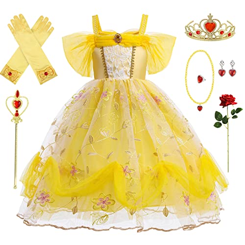 Emin Mädchen Prinzessin Belle Kleid mit Accessoires Kinder die Schöne und das Biest Verkleidung Prinzessin Kostüm Geburtstag Weihnachten Party Halloween Karneval Cosplay Kostüm von Emin