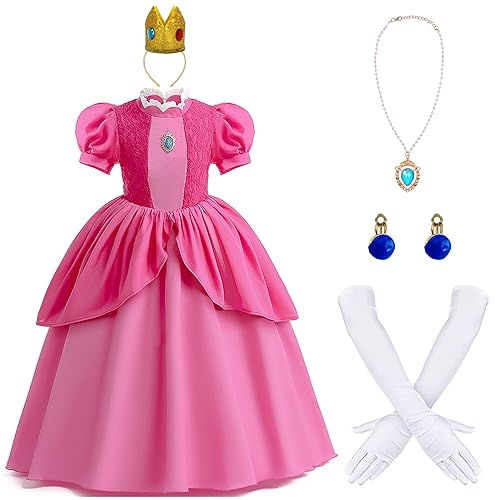 Enccfoeo En042L Pfirsich-Prinzessin-Kostüm für Mädchen und Jungen, mit Kronenhandschuhen und Ohrringen, Superhelden-Kostüm für Halloween, Cosplay, En042L von Enccfoeo