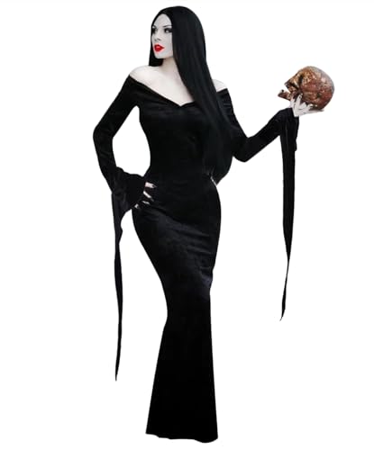 Halloween Kostüme für Morticia Addams Kleid Cosplay Frauen Langarm Maxi Party Kostüm EN012L von Enccfoeo