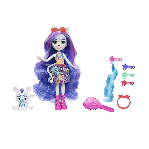 Enchantimals Zemirah Zebra-Puppe - mit langem, glamourösem Haar, begleitet von Bester Freundin Grainy, insgesamt 5 Haarspiel-Accessoires, Geschenk für Kinder ab 4 Jahren, HNV28 von Enchantimals