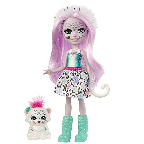 Enchantimals GJX42 - Sybill Snow Leopard & Flake, Tierfreund Figur, ca. 15 cm große Puppe mit abnehmbaren Rock, Stiefeln und Fell-Haarband, tolles Geschenk für Kinder von 4+ von Enchantimals