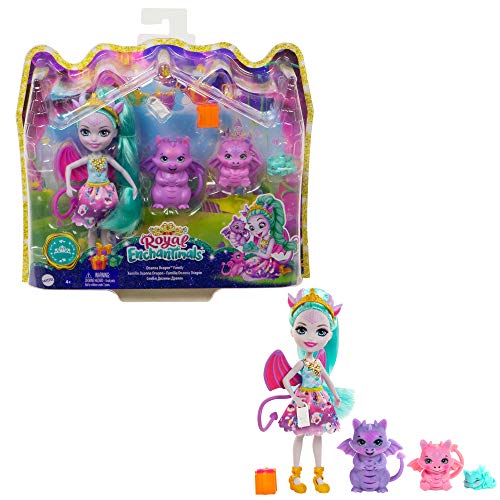 Enchantimals GYJ09 - Deanna Dragon Familie Spielset, Puppe (15,2 cm) mit 3 Drachenfiguren und 4 Zubehörteilen, aus der Royals Kollektion, tolles Geschenk für Kinder von 3 bis 8 Jahren von Enchantimals