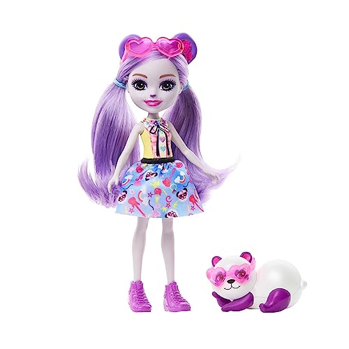 Enchantimals Glam Party Pemma Panda - Puppe mit bestem Tierfreund Clamber, niedlichen Bärenohren und abnehmbarem Rock, tolles Geschenk für Kinder ab 4 Jahren, HNT58 von Enchantimals