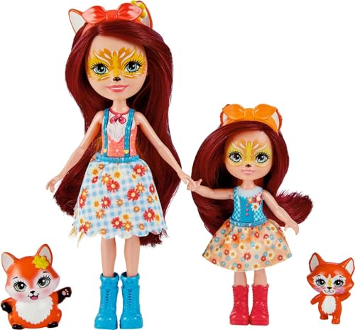 Enchantimals HCF81 - Felicity Fox und kleine Schwester (ca. 15 cm und ca. 10 cm) und 2 Tierfiguren, abnehmbarer Rock und Zubehörteile, tolles Spielzeug Geschenk für Kinder ab 3 Jahren von Mattel