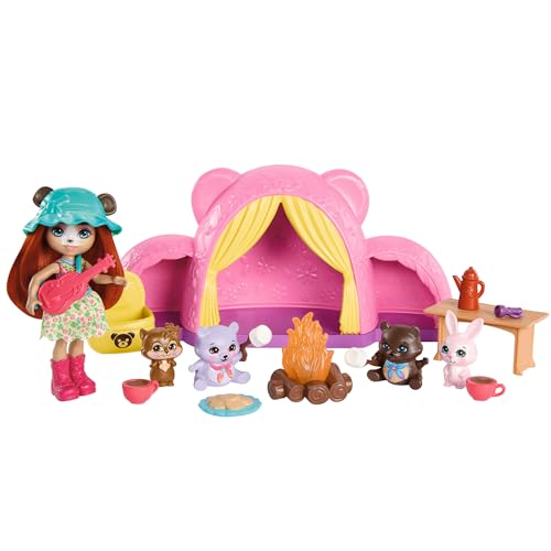 Enchantimals-Puppe und Zubehör, Zeltabenteuer-Kuschelfreunde-Spielset, Puppe und Bester Tierfreund, Schlafsack, Lagerfeuer und vieles mehr, Geschenke für Kinder, HTW71 von Enchantimals