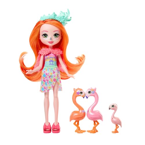 Enchantimals Puppen - Sunshine Beach Florinda Flamingo Puppe, Freund Twig und 2 Freunde-Figuren, kleine Puppe mit abnehmbarem Rock und Zubehör, Geschenk für Kinder, HRX85 von Enchantimals
