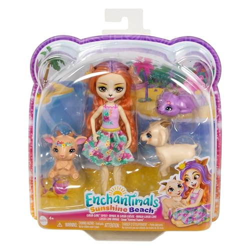 Enchantimals Sunshine Beach Tierpuppe und 3 Ziegen-Haustierfreunde, Spielzeug zum Stylen mit farbenfrohen Moden, HXC00 von Enchantimals