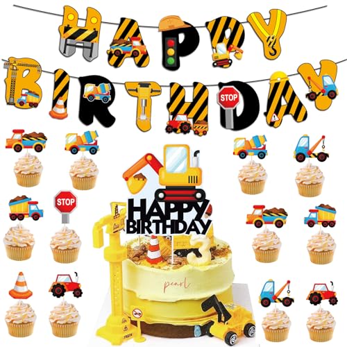 Baufahrzeug Cupcake Topper, Happy Birthday Banner, Cake Toppers Kuchendeckel, LKW Bagger Kuchen Dekorieren Auto Geburtstag Kuchen Topper für Kinder Mädchen Junge Geburtstag Party Muffin Deko von Encuryna