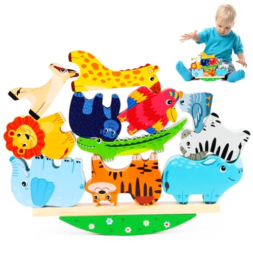 Encuryna Stapelspiel Holzspielzeug ab 3 Jahre, Montessori Holzspielzeug ab 3 4 5 Jahren, Stapelspiel Stapelspielzeug, Tiere zum Stapeln Bausteine Balancespiel Holz, Geschenke für Baby Kleinkinder von Encuryna