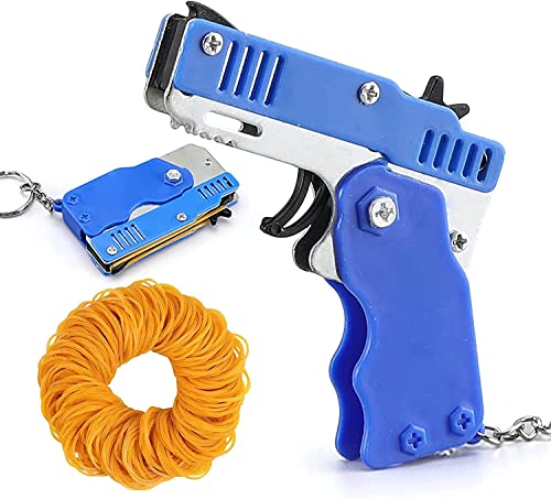 Rubber Band Gun Toy - Mini Metal Folding Rubber Gun Rubber Launcher Toy with Keychain and 60pcs Rubber Bands for Outdoor Activities Game, Gift for Kids Adults (Blue) von Endxedio