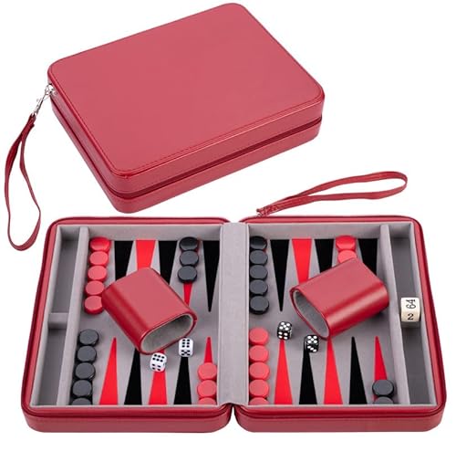 Engelhart - 250500 Reise-Backgammon-Set, Inlay aus Filz, 22,9 cm, Deluxe-Spielset mit rotem Reißverschluss (Grau, Schwarz, Rot) von Engelhart