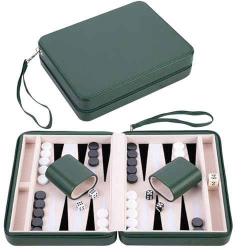 Engelhart - 250503 – Backgammon-Tasche für Reisen, 9 Zoll, Grün, mit Reißverschluss – Innenseite: cremefarben/schwarz/weiß – inklusive Zubehör von Engelhart