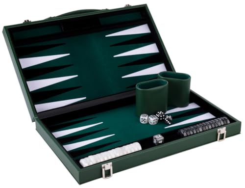 Engelhart - 250529 - Deluxe Backgammon 38,1 cm - Eingelegtes Backgammon-Set aus Filz - Perlensteine und Würfel - grün/schwarz/weiß von Engelhart