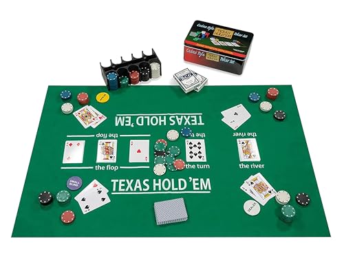 Engelhart - 320900 – Komplettes Poker-Set – Metalldose mit Matte, 200 Chips (4 g), 2 Kartenspiele, Dealer-Knöpfe, kleine und große Blinde + Spielregeln von Engelhart