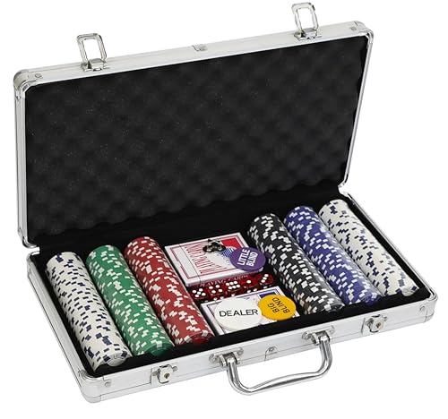 Engelhart - 320910 – Poker-Set – Koffer aus versilbertem Metall – 300 Chips 11,5 g ohne Nummer + 2 Kartenspiele, 3 Croupier-Knöpfe, 5 Würfel von Engelhart