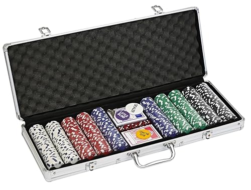 Engelhart - 320915 – Poker-Set – Koffer aus versilbertem Metall – 500 Chips 11,5 g ohne Nummer + 2 Kartenspiele, 1 Croupier-Knopf, 5 Würfel von Engelhart