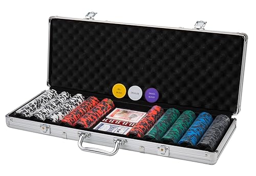 Engelhart - 320920 – Poker-Set – Koffer aus versilbertem Metall – 500 Chips 14 g kleine Einsätze (1 bis 100) + 2 Kartenspiele, 3 Dealerknöpfe, 5 Würfel von Engelhart