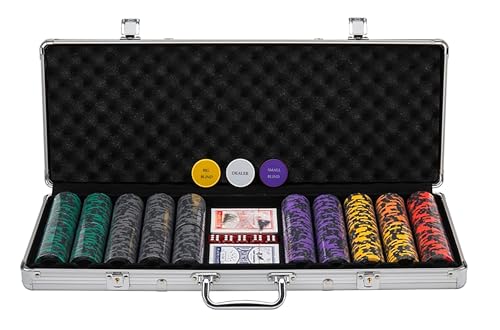 Engelhart - 320921 – Poker-Set – Koffer aus versilbertem Metall – 500 Chips 14 g Erhöhung (25 bis 25000) + 2 Kartenspiele, 3 Croupier-Knöpfe, 5 Würfel von Engelhart