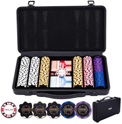 Engelhart - 320950 – Poker-Set – Koffer aus schwarzem Metall – 300 Chips 14 g ohne Nummer + 2 Kartenspiele, 1 Croupier-Knopf, 5 Würfel von Engelhart