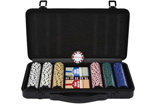 Engelhart - 320950 – Poker-Set – Koffer aus schwarzem Metall – 300 Chips 14 g ohne Nummer + 2 Kartenspiele, 1 Croupier-Knopf, 5 Würfel von Engelhart