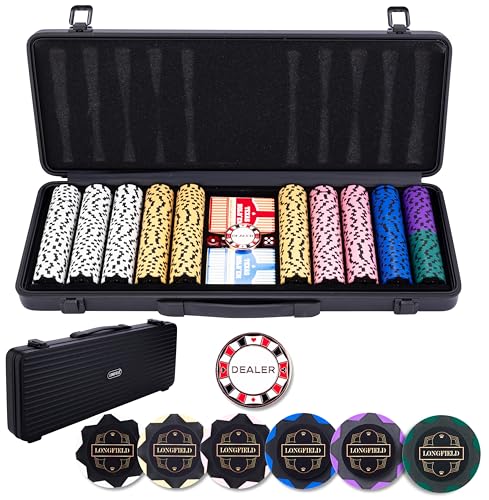 Engelhart - 320960 – Poker-Set – Koffer aus schwarzem Metall – 500 Chips 14 g ohne Nummer + 2 Kartenspiele, 1 Croupier-Knopf, 5 Würfel von Engelhart