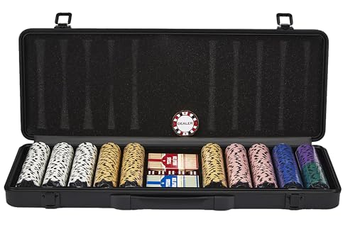 Engelhart - 320960 – Poker-Set – Koffer aus schwarzem Metall – 500 Chips 14 g ohne Nummer + 2 Kartenspiele, 1 Croupier-Knopf, 5 Würfel von Engelhart