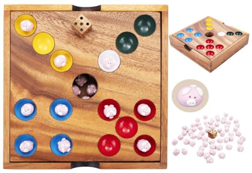 Engelhart - 350440 - Pig Hole - Ökologisches Holz- und Keramikspiel - Familienspiel - 60 Keramik-Schweine - Würfel und Holzbox - ab 6 Jahren von Engelhart