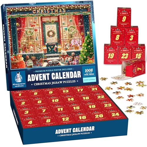 Adventskalender Puzzle 2024 Weihnachten Puzzle 1008 Teile, Weihnachtsgeschäft Puzzle Countdown Kalender, 24 Boxen Puzzles für Erwachsene und Kinder, Heimdekoration Puzzles Geschenk von Engfa