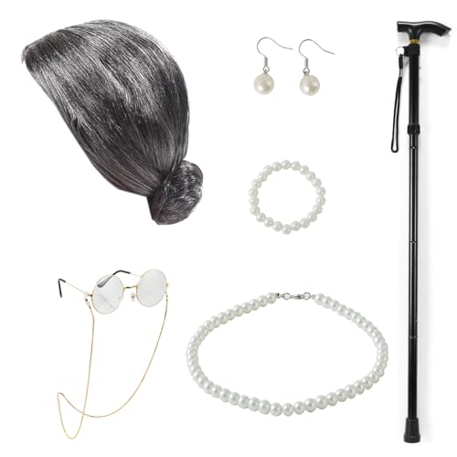 7tlg Oma Perücke Kostüm Set Alte Damen Kostuem Set, Fasching Großmutter Cosplay mit Peruecke , Brille, Brillenketten, Krücke, Perlenkette, Armband, Ohrring, Old Lady Kostümzubehör Set für Mädchen von Enhenenhen