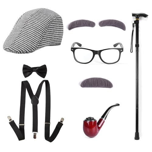 Enhenenhen 1920s Jahre Kostüm Accessoires Herren, Alter Mann Kostüm Set, 20er Opa Kostüm Mafia Gatsby Kostuem Set Inklusive Hut, Verstellbar Elastisch Hosenträger, Fliege, Brille, Krücken Set von Enhenenhen