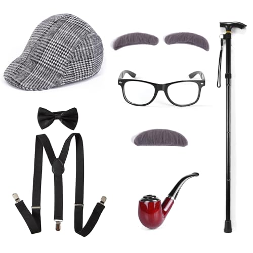 Enhenenhen 1920s Jahre Kostüm Accessoires Herren, Alter Mann Kostüm Set, 20er Opa Kostüm Mafia Gatsby Kostuem Set Inklusive Hut, Verstellbar Elastisch Hosenträger, Fliege, Brille, Krücken Set von Enhenenhen