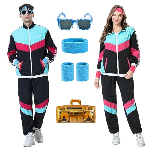 Enhenenhen 80er 90er Jahre Outfit für Herren Damen, 80er Jahre Kostüm Trainingsanzug Damen Retro Jogginganzug, Erwachsene 80er 90er Kostuem Anzug für Karneval von Enhenenhen