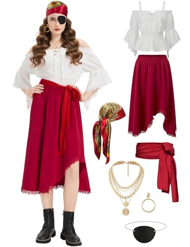 Enhenenhen Piratenkostüm Damen Pirat Hemd Rock Set, Pirat Kostüm Frauen Halloween Pirate Costume Women Karneval Piraten Kleid Skirt Damen mit Kopftuch Gürtel Halskette Ohrring Enhenenhen Piratenkostüm Damen Pirat Hemd Rock Set, Pirat Kostüm Frauen Halloween Pirate Costume Women Karneval Piraten Kleid Skirt Damen mit Kopftuch Gürtel Halskette Ohrring von Enhenenhen