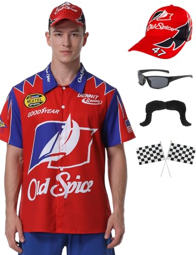 Enhopty Ricky Racing Kostüm Talladega Nachtshirt Wonder Cosplay Outfit mit Hut Flagge Sonnenbrille Halloween von Enhopty