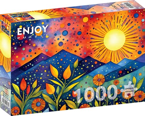 1000 Pieces Jigsaw Puzzle – Matte Finish, Soft Touch, Sturdy and Unique Pieces, Tight Fit, Vivid Colors, Missing Pieces Service – Mountains Sunset Landscape with Flowers Sun and Rain – by ENJOY Puzzle von Enjoy puzzle