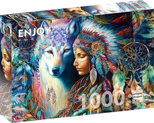 1000 Pieces Jigsaw Puzzle – Matte Finish, Soft Touch, Sturdy and Unique Pieces, Tight Fit, Vivid Colors, Missing Pieces Service – Native Woman and Wild Wolf Portrait with Dreamcatcher by ENJOY Puzzle von Enjoy puzzle