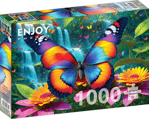 1000 Pieces Jigsaw Puzzle – Matte Finish, Soft Touch, Sturdy and Unique Pieces, Tight Fit, Vivid Colors, Missing Pieces Service – Rainbow Butterfly and Flowers in Waterfall Forest – by ENJOY Puzzle von Enjoy puzzle