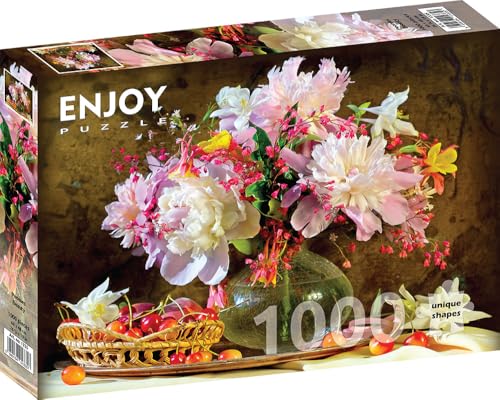 1000 Pieces Jigsaw Puzzle for Adults – Matte Finish, Soft Touch, Sturdy and Unique Pieces, Tight Fit, Vivid Colors, Missing Pieces Service – Still Life with Pink Peonies and Cherries – by ENJOY Puzzle von Enjoy puzzle