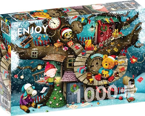 1000 Pieces Jigsaw Puzzle – Matte Finish, Soft Touch, Sturdy and Unique Pieces, Tight Fit, Vivid Colors, Missing Pieces Service – Cute Winter Animals with Christmas Tree Decorations by ENJOY Puzzle von Enjoy puzzle