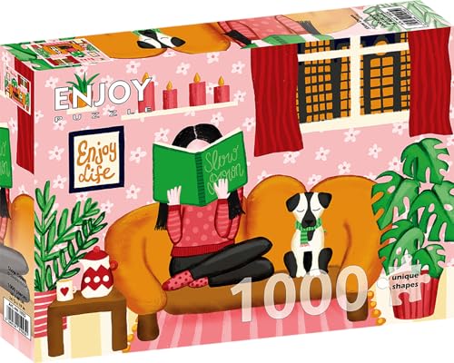 1000 Pieces Jigsaw Puzzle for Adults – Matte Finish, Soft Touch, Sturdy and Unique Pieces, Tight Fit, Vivid Colors, Missing Pieces Service – Girl Evening with Book Reading, Dog and Tea by ENJOY Puzzle von Enjoy puzzle