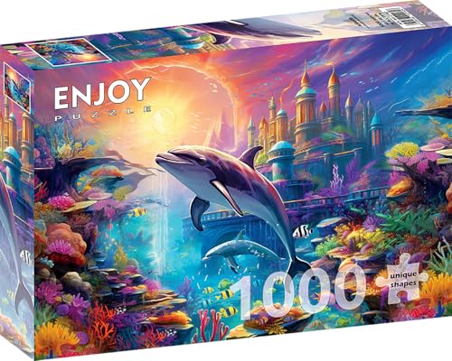 1000 Pieces Jigsaw Puzzle – Matte Finish, Soft Touch, Sturdy and Unique Pieces, Tight Fit, Vivid Colors, Missing Pieces Service – Underwater City with Dolphins Sea Fish and Coral Reef by ENJOY Puzzle von Enjoy puzzle