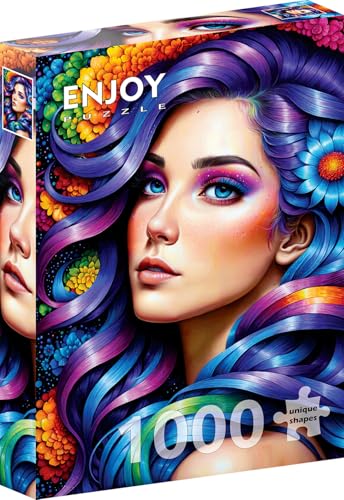 1000 Pieces Jigsaw Puzzle – Matte Finish, Soft Touch, Sturdy and Unique Pieces, Tight Fit, Vivid Colors, Missing Pieces Service – Beautiful Woman with Rainbow Hair and Flowers Portrait by ENJOY Puzzle von Enjoy puzzle